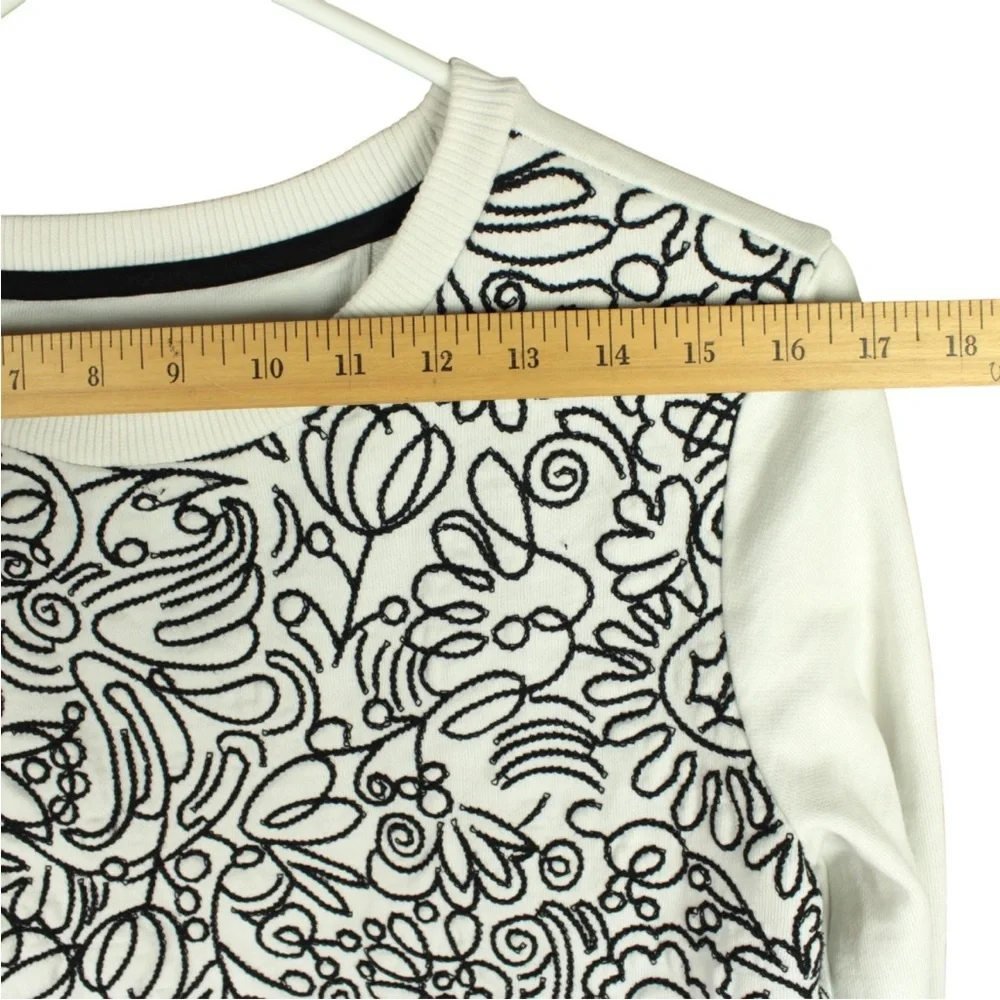 Tory Burch Women Sweatshirt White Black Doodle Flower Print Embroidered Sz S